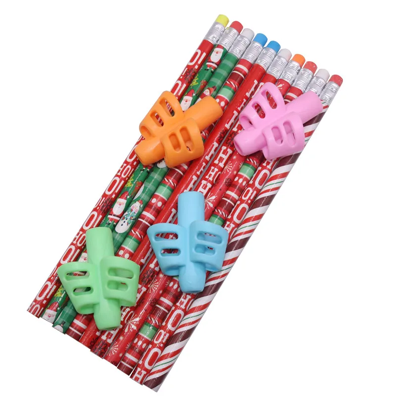 Stationery set Christmas pencil 10 pcs plus 4 pcs pen grip Four-color mixing writing tool School supplies Device to hold pen