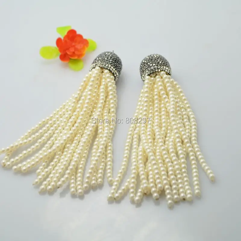 

5Pcs Imitation Pearl Beads Tassels, Charm Jewelry Tassel, Black & White Crystal Rhinestone Caps Charm Pearl Chain Tassels