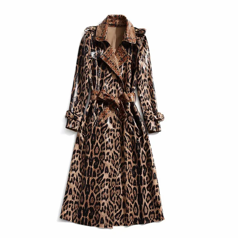 

European and American women's 2019 winter clothing new Long sleeve lapel Leopard print lace-up Trench coat