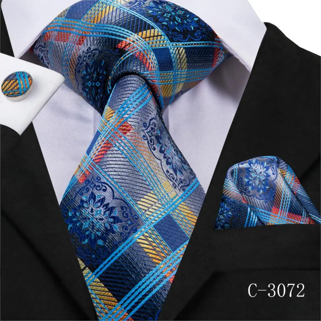 C-3014 Hi-Tie мужской галстук шелковый галстук Клетчатые Коричневые галстуки для мужчин высококачественный носовой платок запонки набор мужской свадебный кармашек квадратный галстук - Цвет: C-3071