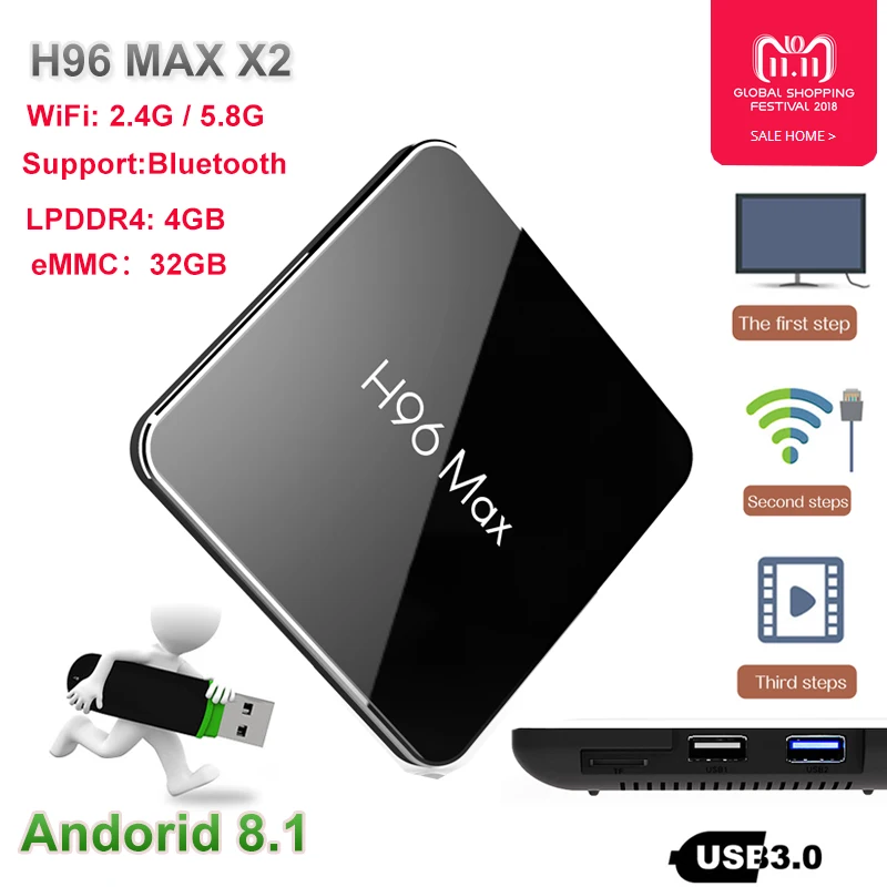 

H96 max x2 smart tv box android 8.1 4gb ram 32gb rom Amlogic S905X2 USB 3.0 Wifi 2.4/5.0G 100Mbps Bluetooth Media Player Set Top