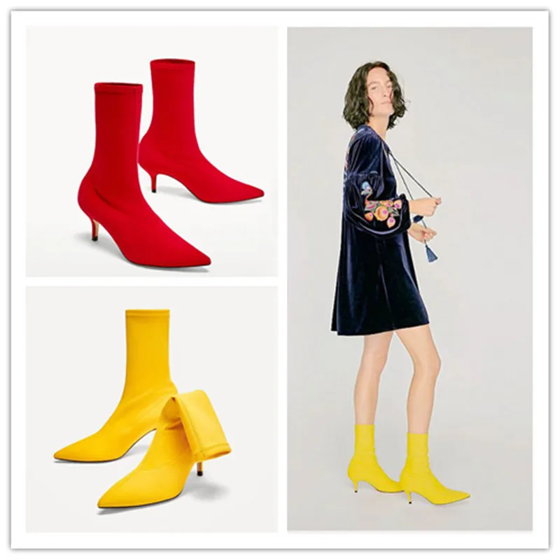 

Womens Mid-Calf Boots Stilettos High Heels Pointed Toe Solid Color Fashion Stretch Fabric Shoes S105