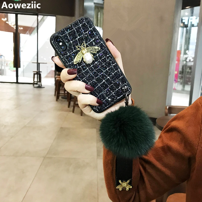 

Aoweziic Mobile phone shell fox fur ball For iphone X XS MAX XR female lanyard 6S tide brand 7P 8Plus Glitter diamond Milu deer