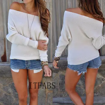 

Women Sweater Pullover Off Shoulder Basic Rib Knitted Casual Tops Solid slash Neck Essential Jumper Long Sleeve Sweaters