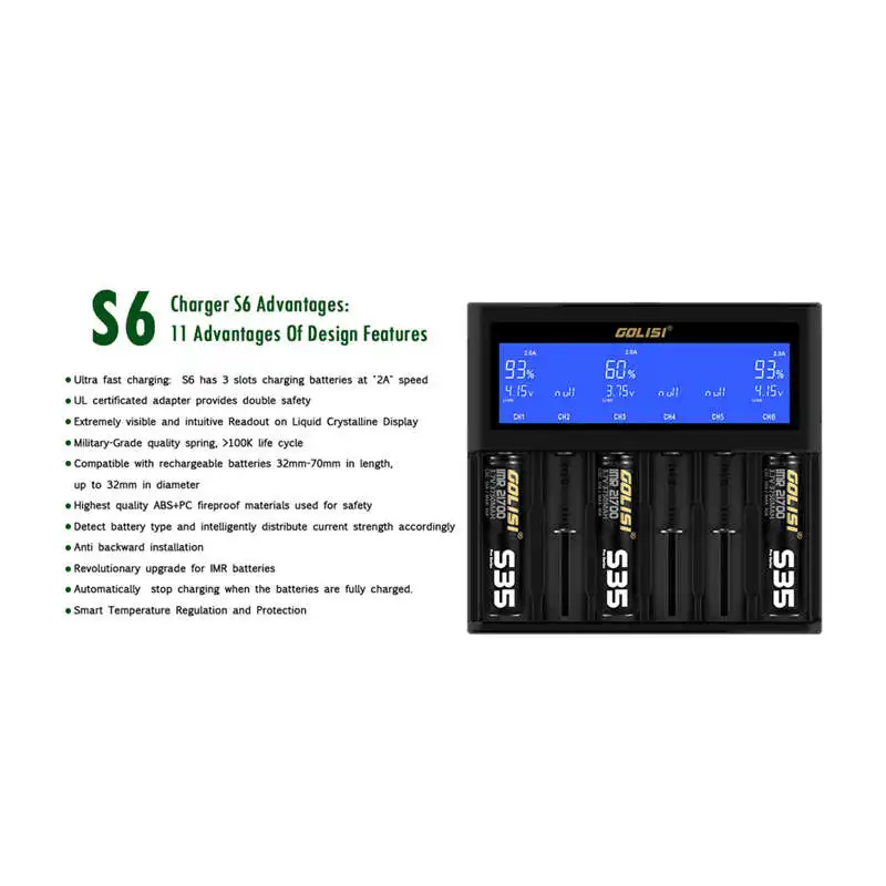 Golisi S6 2A 1A 0.5A интеллигентая (ый) ЖК Зарядное устройство для 18650 26650 20700 21700 Li-Ion Ni-Cd Aaaa Aaa, Sc C Перезаряжаемые Батарея