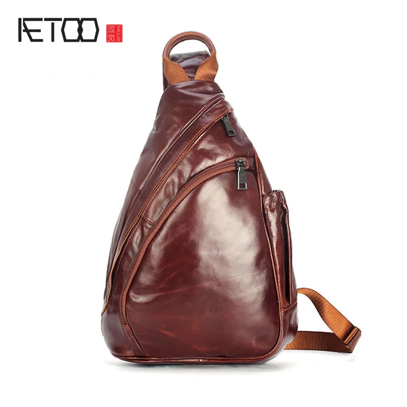 

AETOO New men's leather chest bag head layer oil wax cowhide men shoulder bag Messenger bag