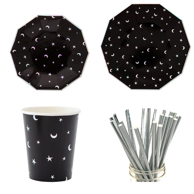 Black Paper Tableware Set Star Plates Striped Paper Straws Cups For Birthday Wedding Party Decor Disposble Tableware Xmas