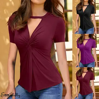 

Women Ladies High Neck Choker V-Neck Blouse Short Sleeve Shirt Tops Plus Size