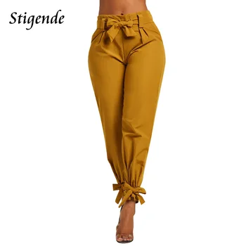 

Stigende Casual High Waist Pencil Pants Pantalon Women Stretch Solid Trousers With Sashes Fashion Female Elastic Bandage Pants