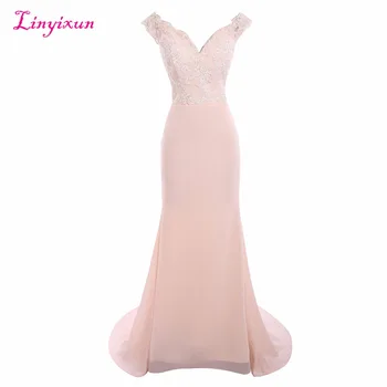 

Linyixun Real Photo Bridesmaid Dresses 2017 Sexy Mermaid Off Shoulder Lace Appliques Sweep Train Long Maid of Honor Dress