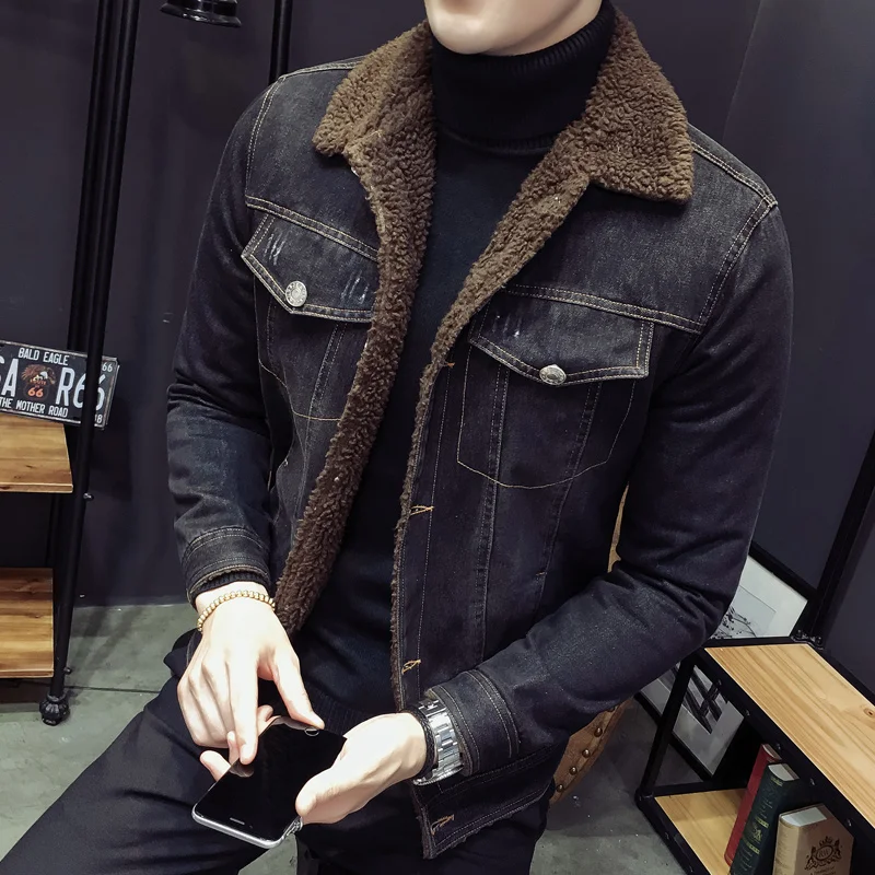 Мужские модные джинсовые куртки, осенняя и зимняя черная джинсовая куртка, плотное мужское шерстяное пальто, плюс бархатная джинсовая куртка, размер M-2XL 3XL