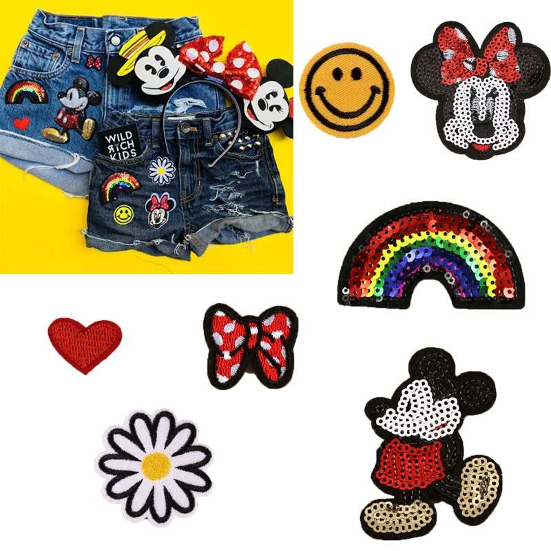 

4pcs Mickey Rainbow Flower Glitter Patch bordados parches Iron On Patches For Clothing Jeans Shorts Jacket Patchwork Appliques