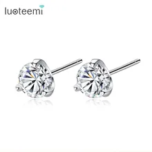 LUOTEEMI Новое поступление, роскошные крошечные 925 пробы, серебряные, 3 зубца, блестящие, прозрачные CZ серьги-гвоздики для женщин, серебряные ювелирные изделия