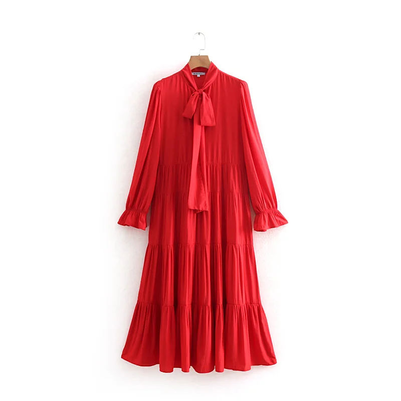 

England Style OL Women Red Bow Tie Collar Long Dress Elegant Office Lady Ankle-Length A-Line Dresses 2019 Casual Vestidos