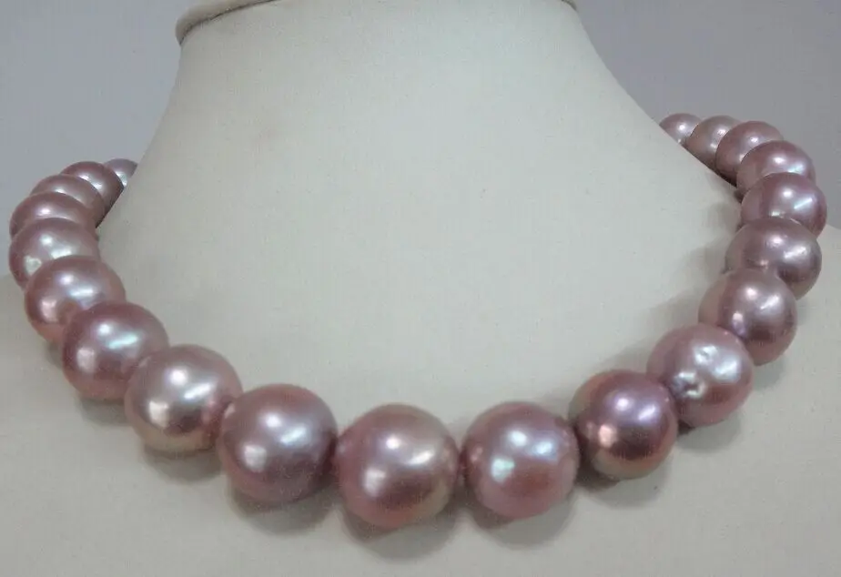 

Huge 18"14- Natural South Sea genuine purple lavender round pearl necklace