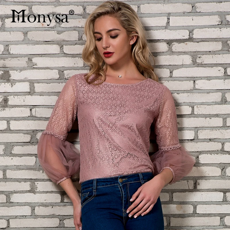 

Lace Blouse Women 2018 Summer New Arrivals Fashion Lantern Sleeve Tops Ladies Streetwear Patchwork Mesh Blouse Pink Black