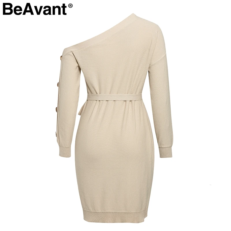 BeAvant Elegant one shoulder knitted dress women Fashion buttons sash female autumn dresses Casual loose winter ladies vestidos