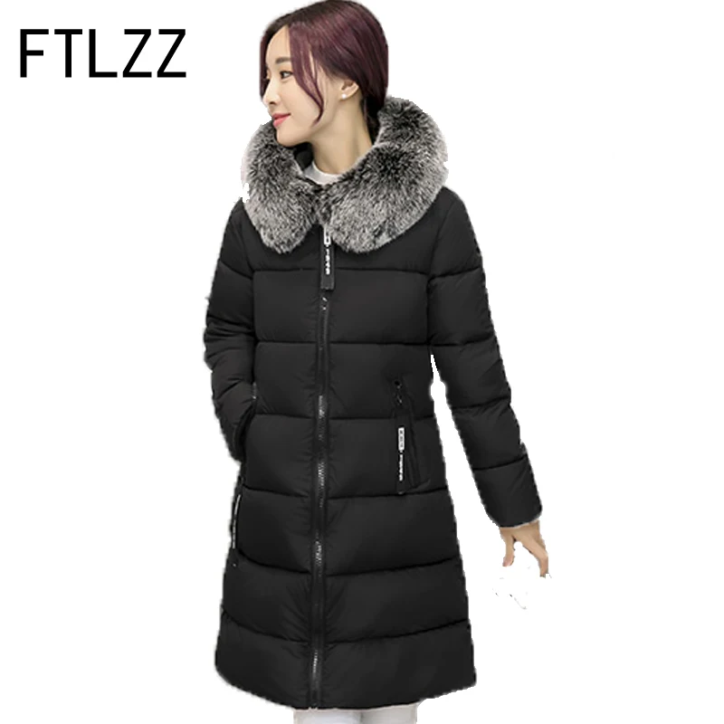 FTLZZ Winter Jackets 2017 Women Parka Jacket Female Medium Long Parka Fur Hood Coat Women Cotton