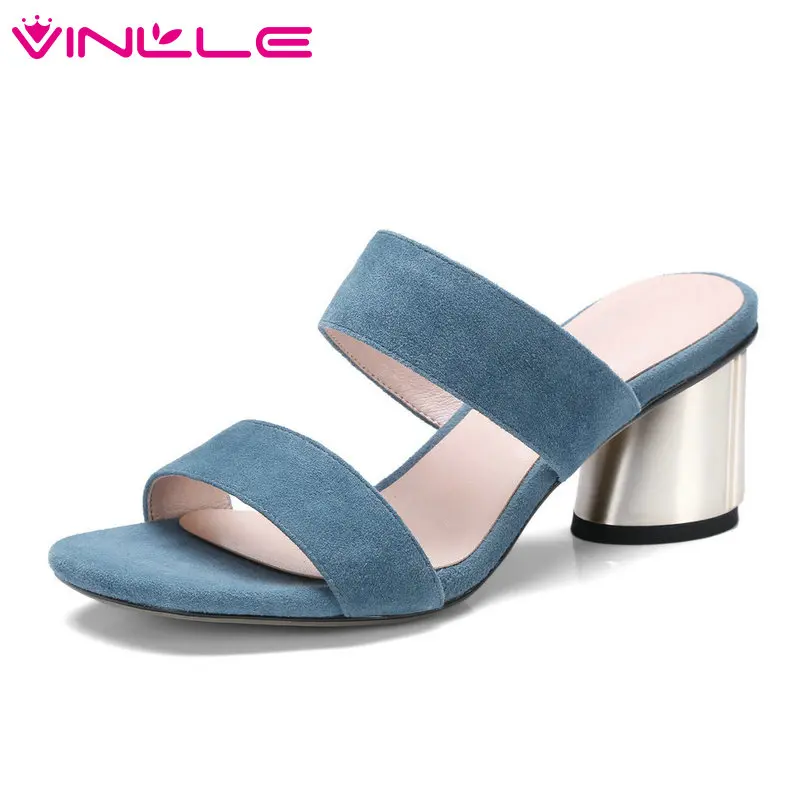

VINLLE 2018 Western Style Women Sandals Shoes Woman Kid Suede Slingback Square High Heel Ladies Wedding Shoes Size 34-42
