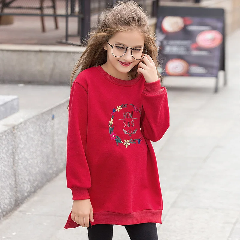 

2017 Autumn Winter Casual Girls Pullover Sweatershirt Long Hoodie Dress Thick Teen Children's Embroidered Loose Fleece Tops