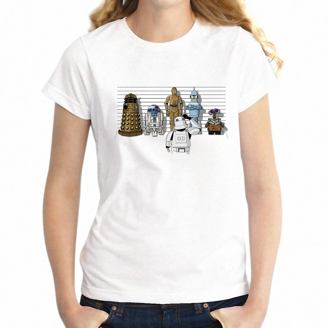 

New Women's T-shirt Bad Robot Lineup Mug Shot Bb8 R2d2 Star Wars Funny Nerdy Girl's tshirt Harajuku Streetwear tees tops