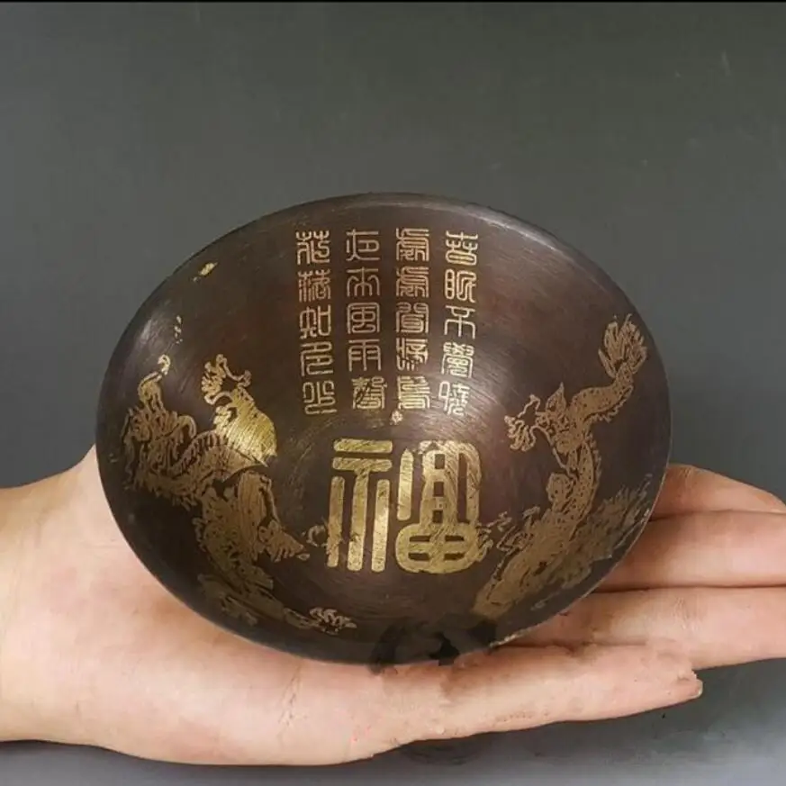 Chinese antique copper gilt copper bowl ornaments Feng Shui bowl Longfu