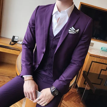 

Men Tuxedos Wedding Suits Chinese Mens 3 Piece Suits with Pants Slim Fit Plus Size 3XL Black Purple Tuxedo Groom 2018 Mauchley