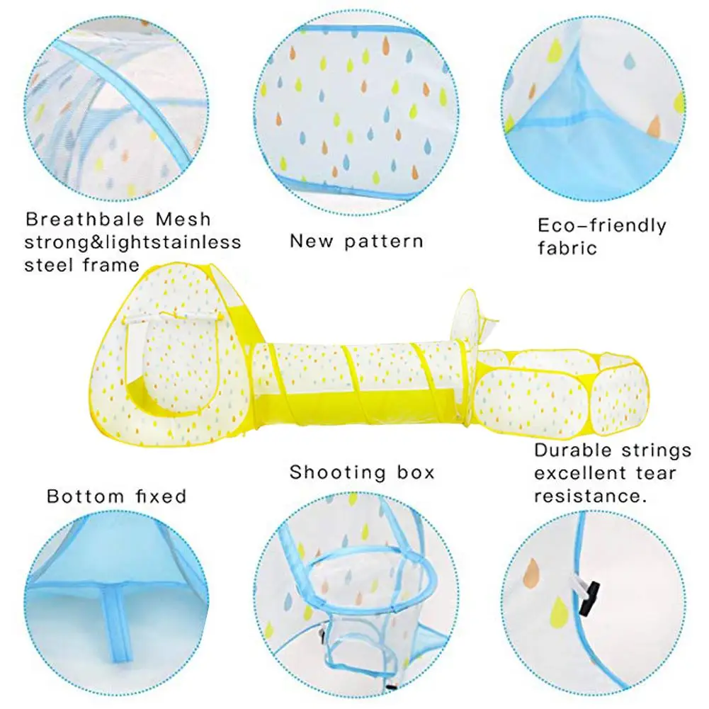 

3 Piece Set Baby Crawling Tent Raindrops Pattern Children Play Tent With Tunnel Basketball Hoop Indoor Playhouse Ball Pit Pool