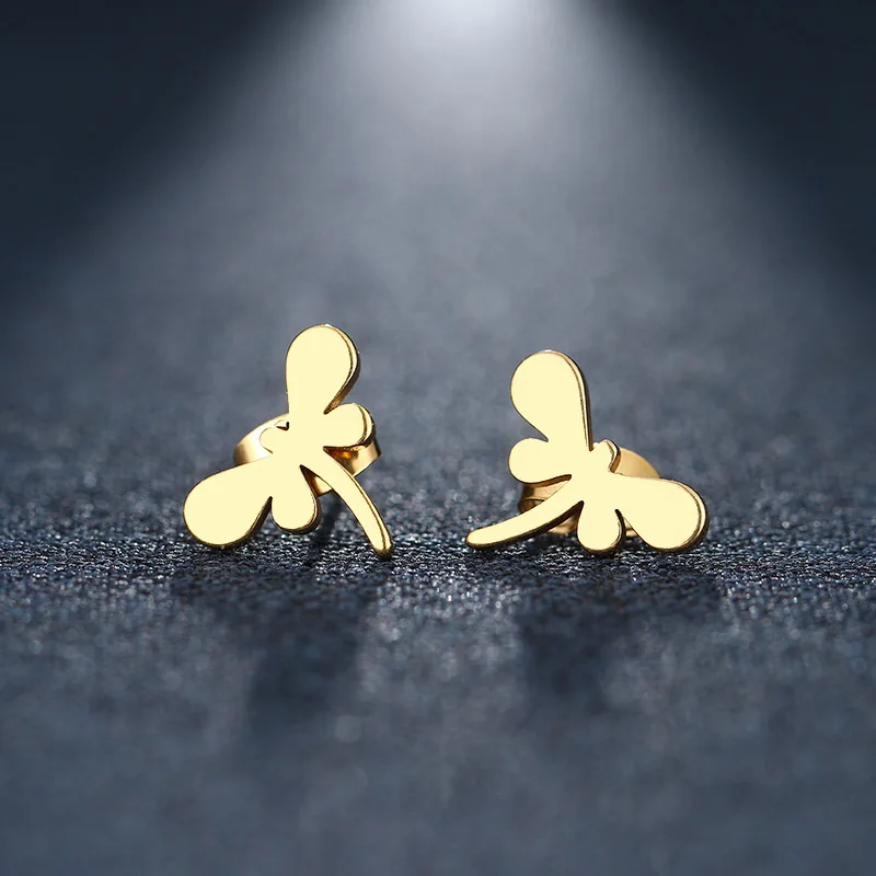 Женские и мужские серьги-гвоздики из нержавеющей стали с большой стрекозой золотистого и серебристого цвета, ювелирные изделия для влюбленных, Прямая поставка