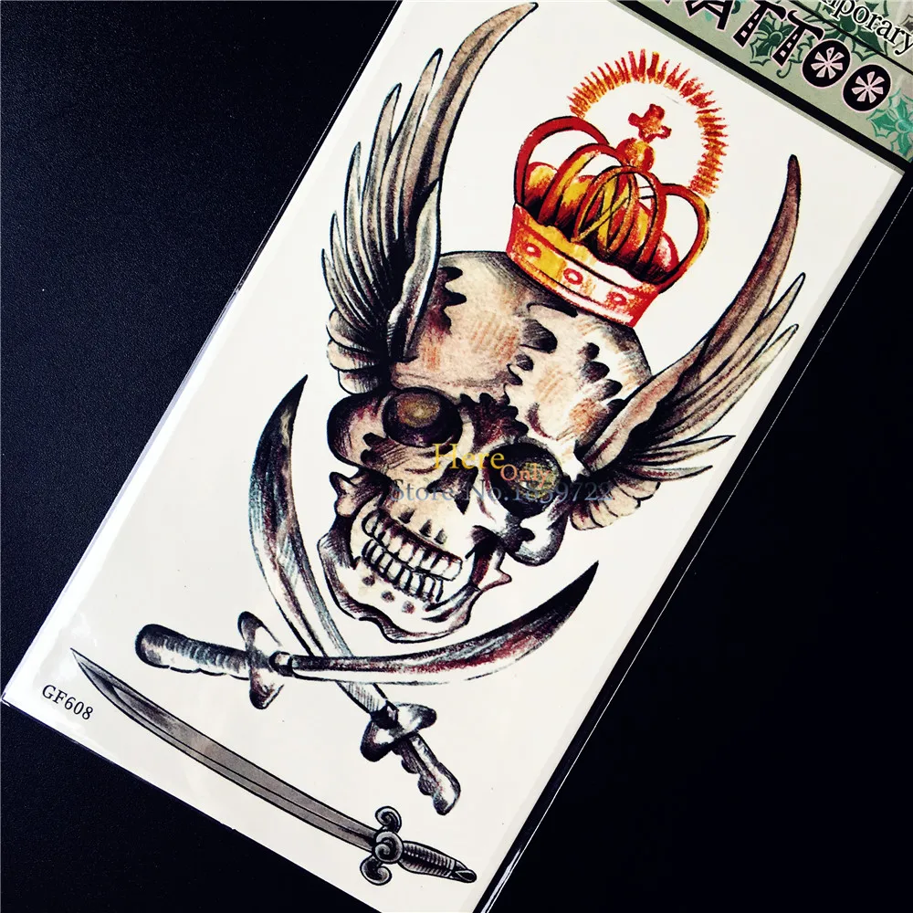 Tengkorak Kepala Pedang Lebar Sayap Crown Temporary Tattoo Sticker