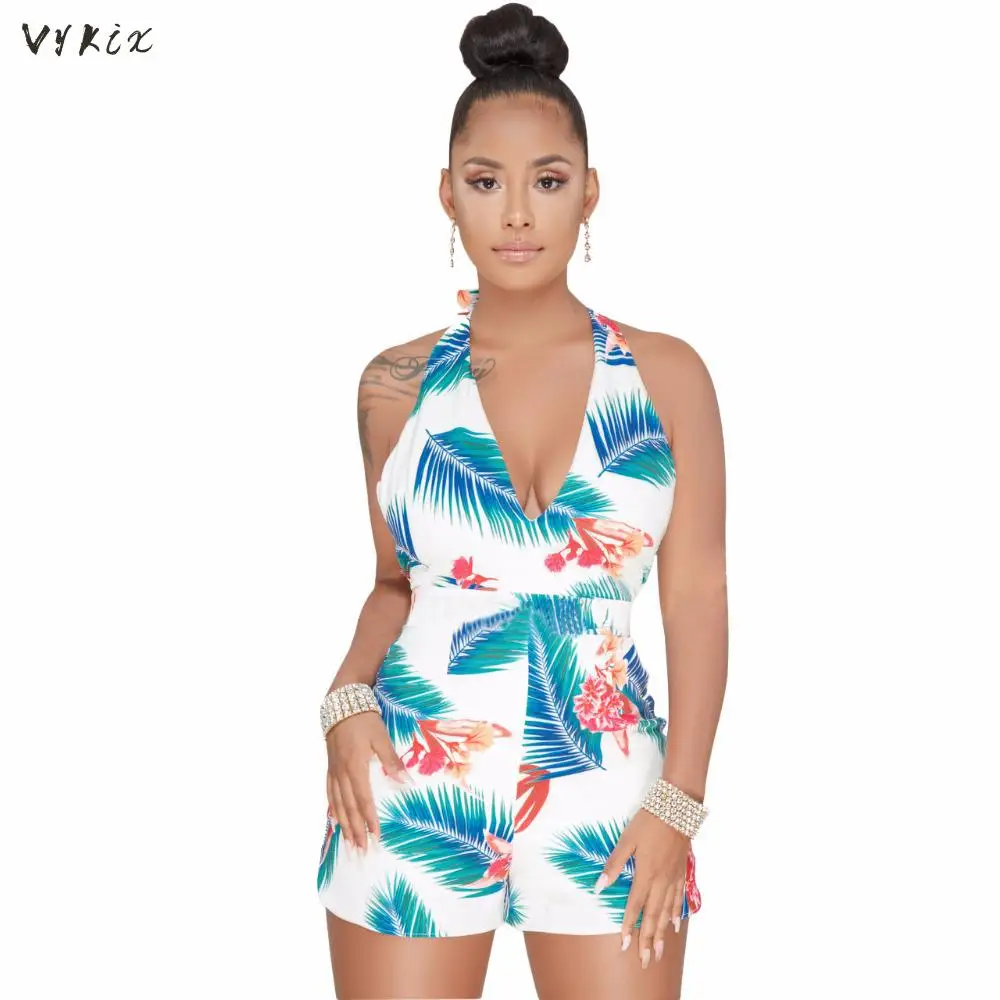 Hot Sell Halter Summer Shorts Skinny Print Casual Body Overalls Rompers Women Jumpsuit 2 Color