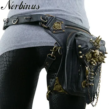 

Norbinus Steampunk Leather Women Waist Bag Retro Rock Drop Leg Bag Men Motorcycle Crossbody Shoulder Bags Skull Rivet Pouch New