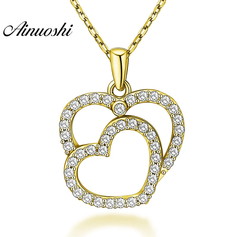 

AINUOSHI 10K Solid Yellow Gold Pendant Heart Pendant SONA Diamond Women Men Lovers Jewelry Double Heart Design Separate Pendant