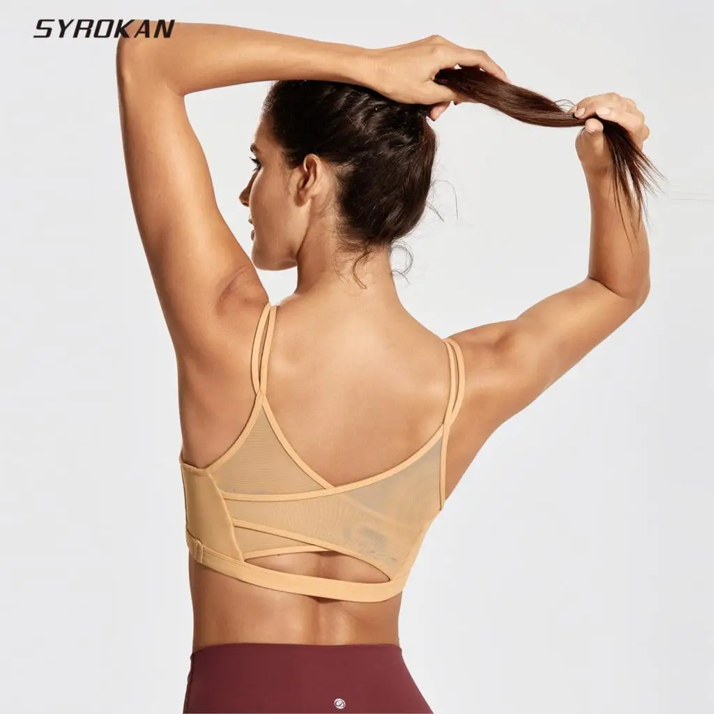 

SYROKAN Women's Mesh Back Wirefree Removable Cups Spaghetti Strap Bra Yoga Sports Bra
