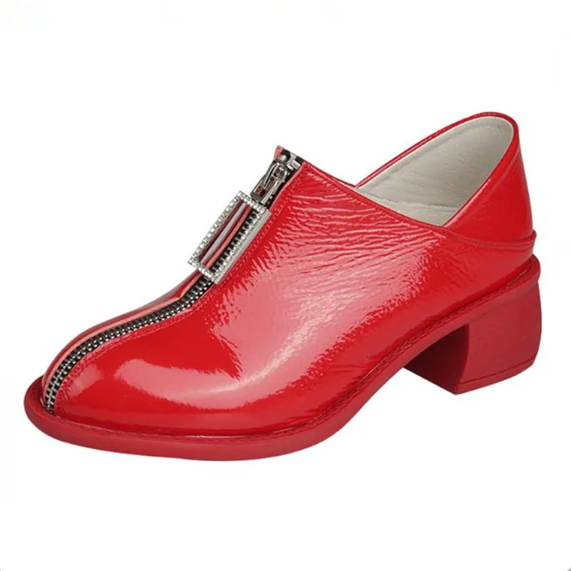 

Spring new black, red patent leather front zipper rhinestone high heels Women's shoes white mid heel shoe Female Heels pumps