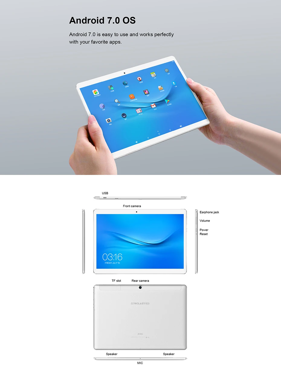 Teclast A10S 10,1 дюймовый планшетный ПК Android 7,0 MTK 8163 четырехъядерный 1,3 ГГц 1920*1200 две камеры 2 Гб ОЗУ 32 Гб ПЗУ двойной WiFi gps