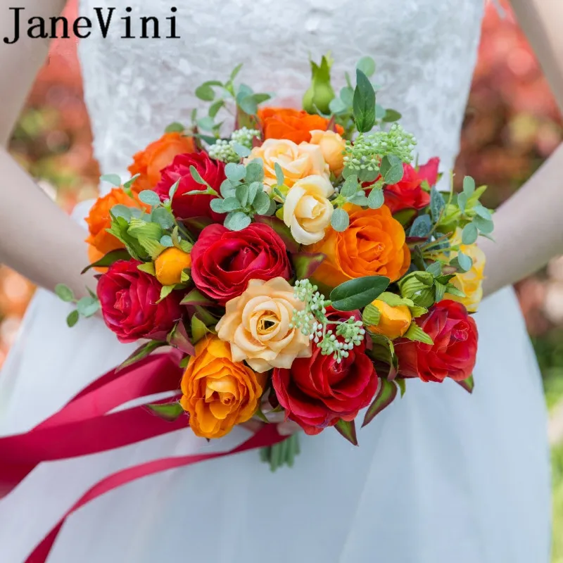 4493 45 De Réductionjanevini Vintage Fleurs Artificielles Roses Bouquets De Mariage Rouge Orange Broche De Mariée Bouquets Mariées Fleur
