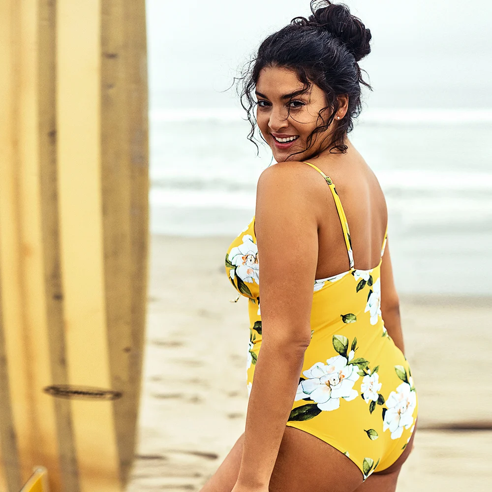 CUPSHE Plus Size Yellow Floral Print Lace Up One Piece Swimsuit Women Sexy  High Waist 2020 Girl Bathing Suits