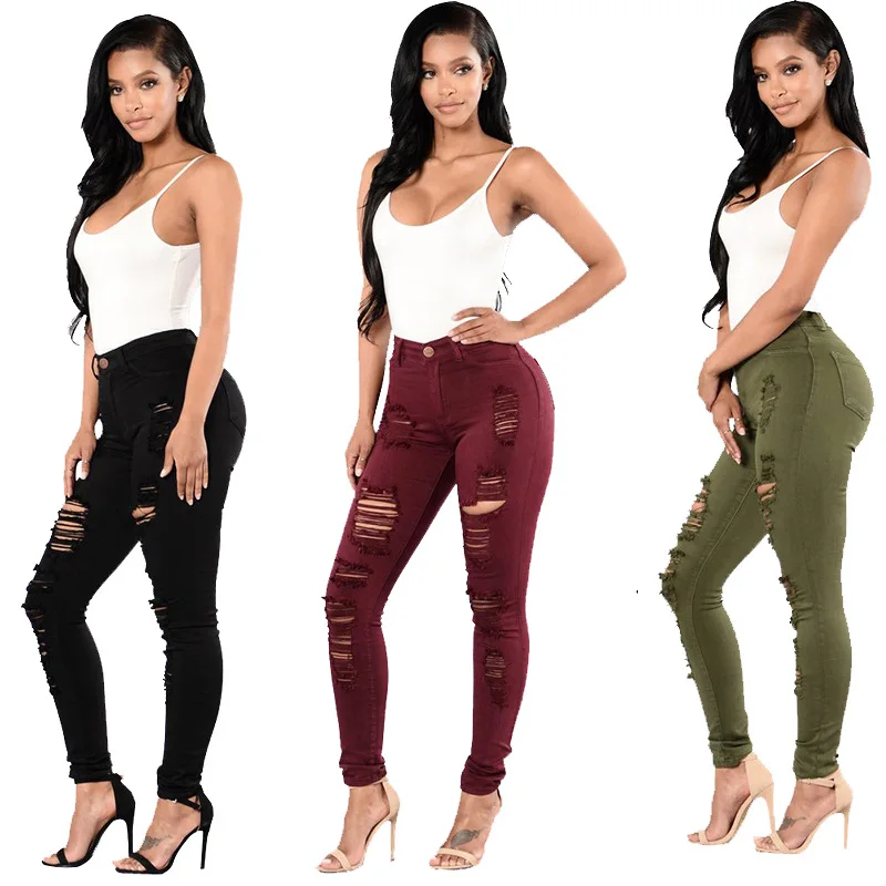 New Women 2022 Spring Trendy High Waist Ripped Hole Jeans for Women Skinny Black Elastic Slim Fit Jeans Plus Size