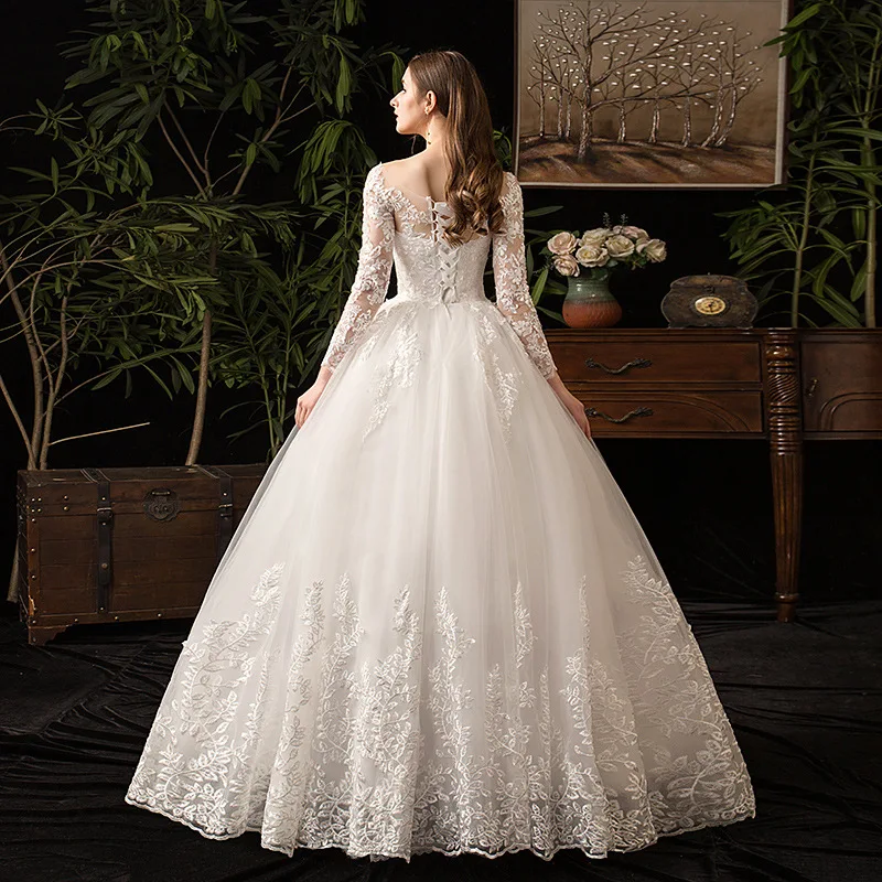 2019 New Vintage O Neck Full Sleeve Wedding Dress Illusion Simple Lace Embroidery Custom Made Bridal Gown Vestido De Noiva L
