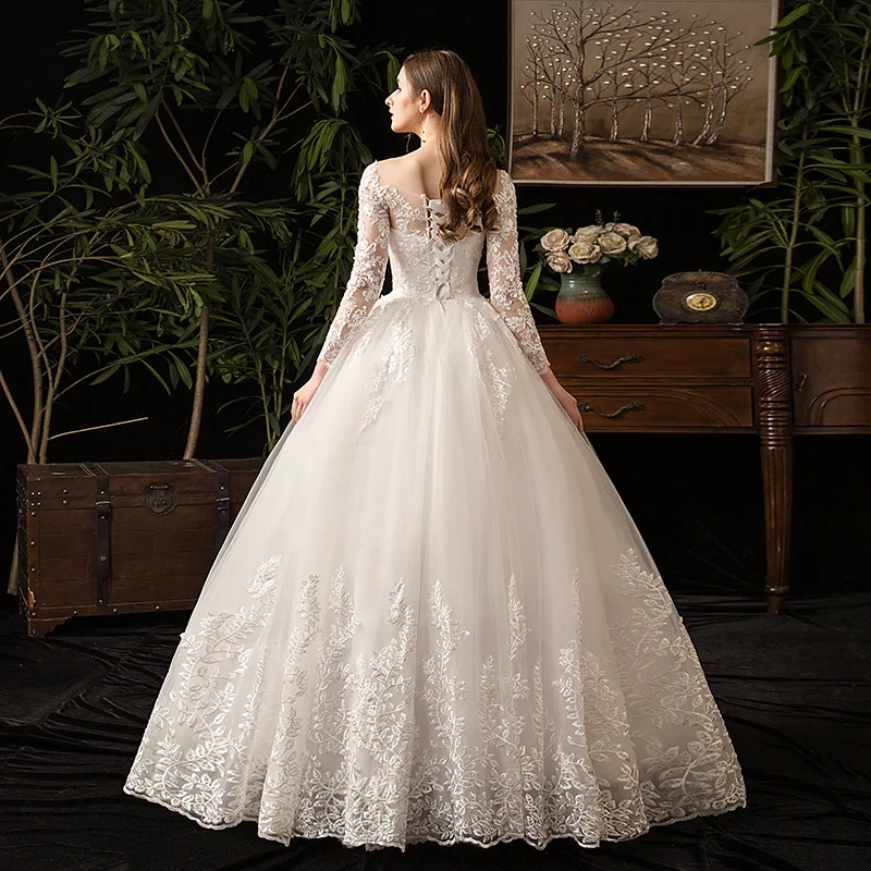 2022 New Vintage O Neck Full Sleeve Wedding Dress Illusion Simple Lace Embroidery Custom Made Bridal Gown Vestido De Noiva L short wedding dresses