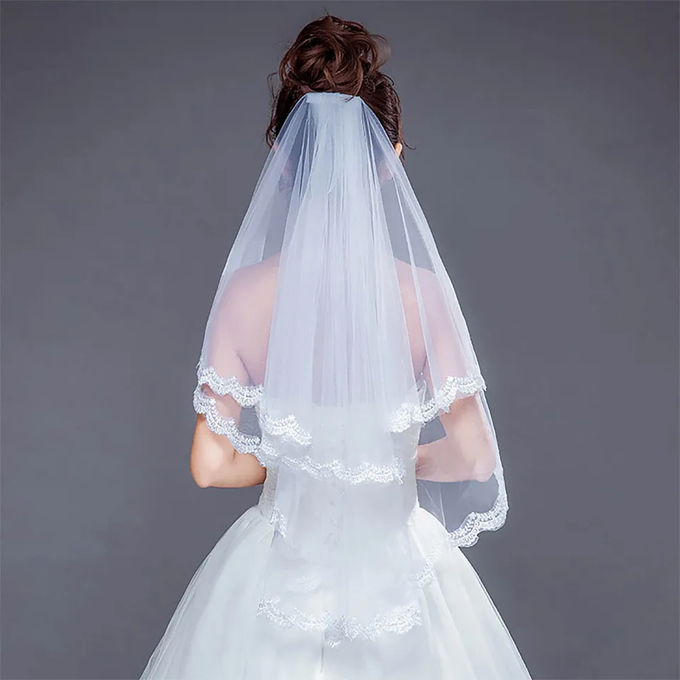Forseven Ivory Cathedral Double Layer Short Bridal Hair Veil Lace