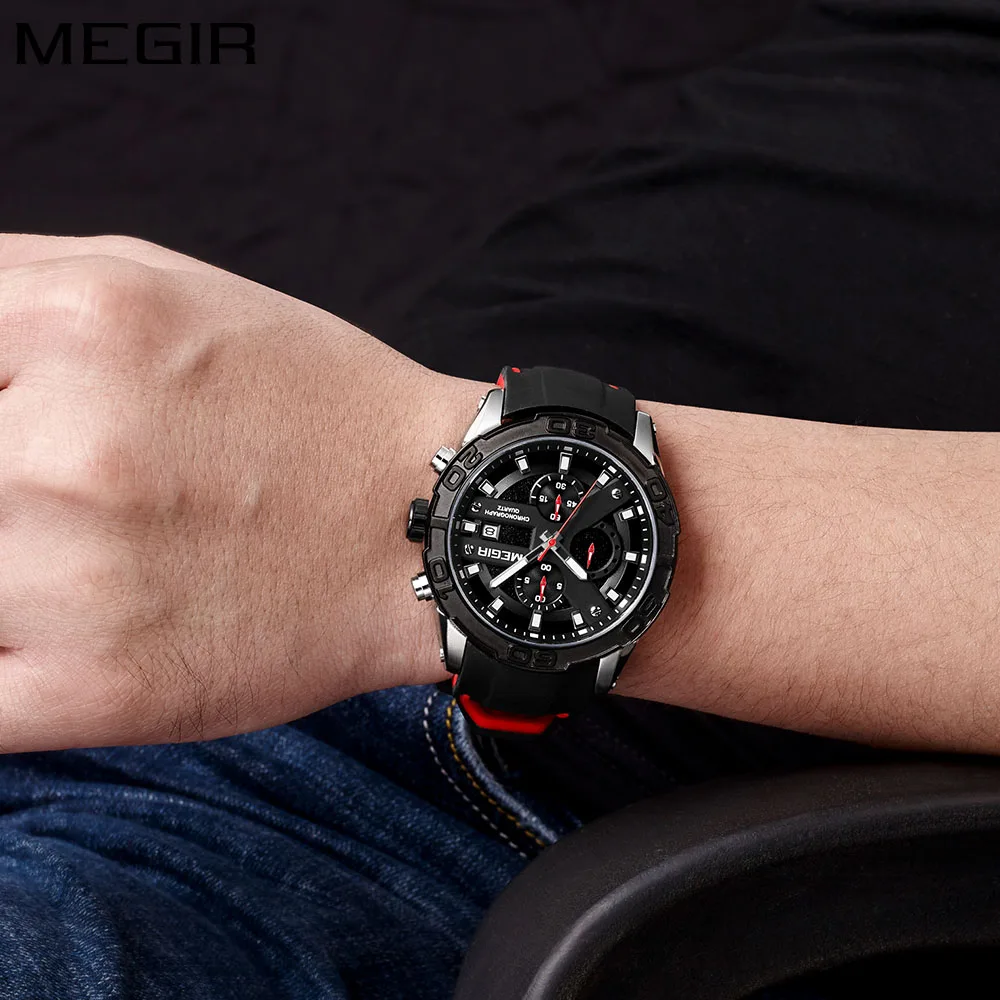 MEGIR, военные часы, мужские, люксовый бренд, мужские Модные силиконовые спортивные часы, для мальчиков, хронограф, кварцевые наручные часы, Relogio Masculino