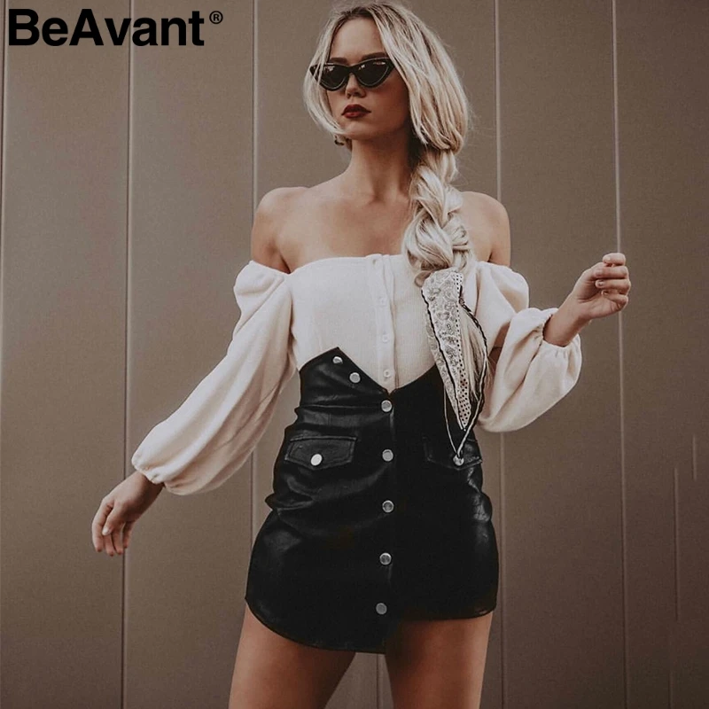 

BeAvant PU leather bodycon women skirt High waist buttons mini pencil skirt female Autumn winter party sexy ladies black skirts