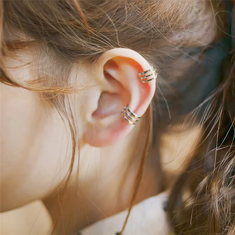 

BOAKO 1Pc Zinc Alloy Triple Hoop Ear Cuff Clip On Earring Tragus Cartilage Non Piercing Closure Rings Fake No Piercing X7-M2