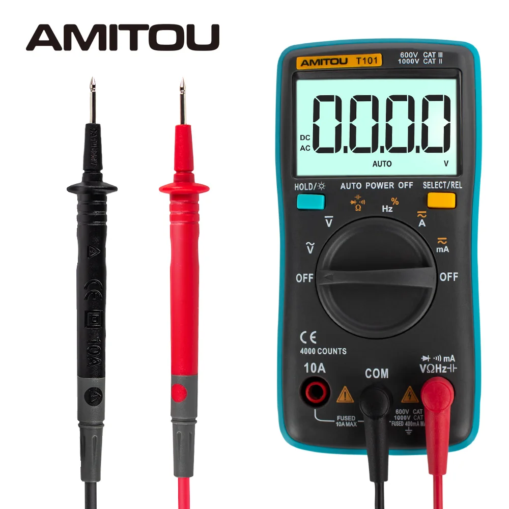 

AMITOU T101 LCD Digital Multimeter Backlight AC/DC Voltage Current Milliamp Resistance Frequency Conversion Buzzer Tester Blue