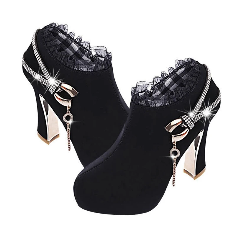 fashion Women Ankle Boots Elegant Lace tassel short boots waterproof Platform Thick Heel matte side zipper