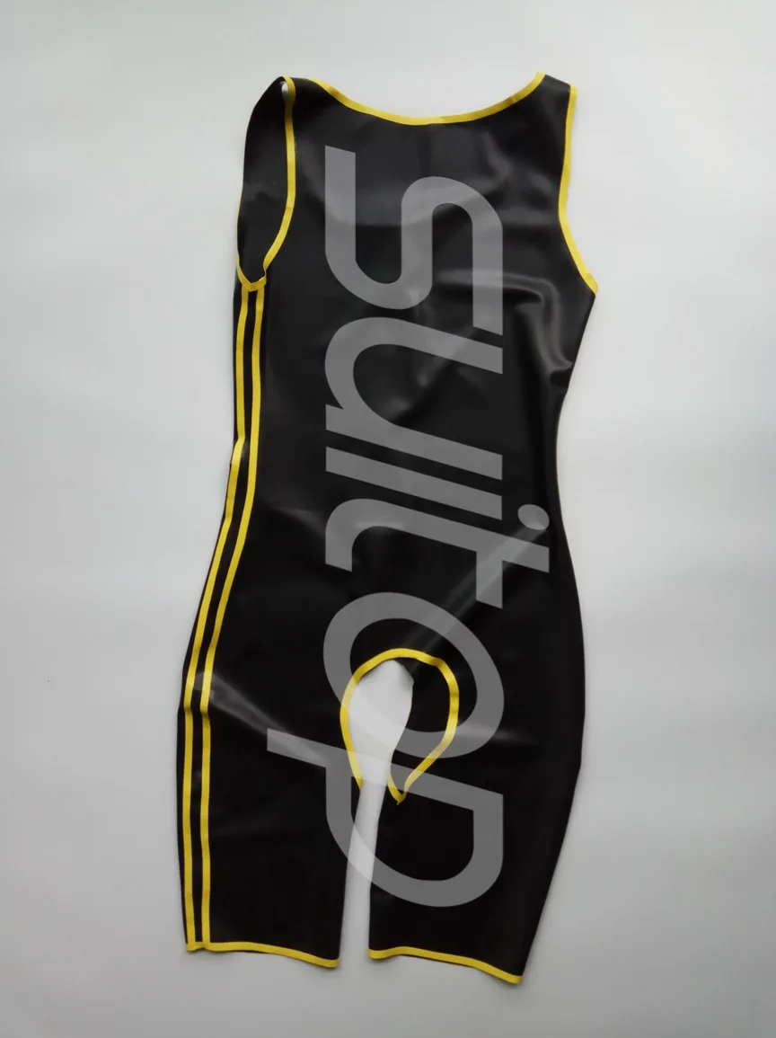 Wet Look Sexy Men Latex Catsuit rubber Bodysuit open ass (Black and yellow trim)