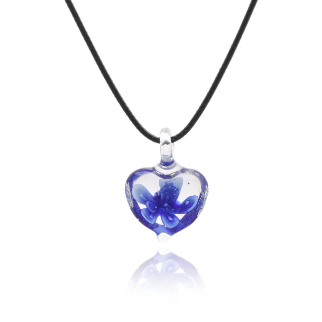 Glazed Heart Pendant Ribbon Necklace Blue