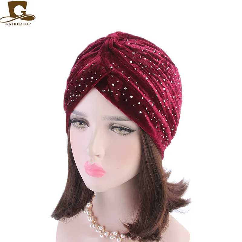 

New fashion Women rhinestoned velvet Turban Neon Casual Twist Stretch Turban Headband Chemo Hat Hijab Turbante Hair Accessories